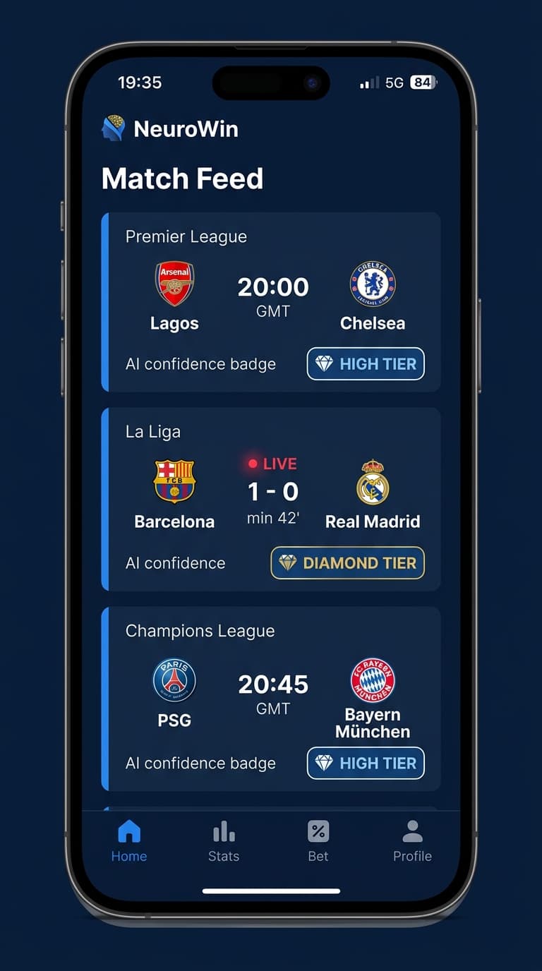 NeuroWin home feed showing today's football matches with AI confidence tiers