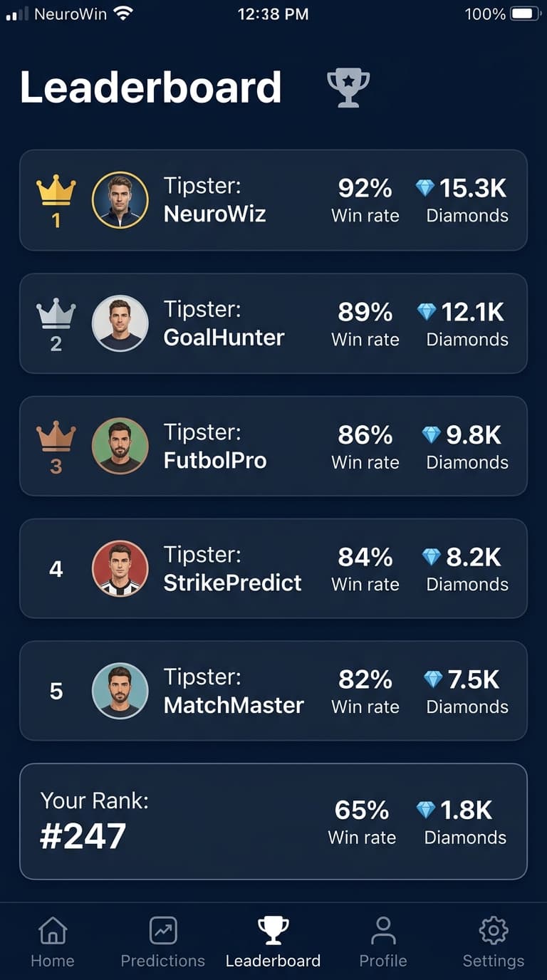 NeuroWin global tipster leaderboard with win rates and diamond rankings
